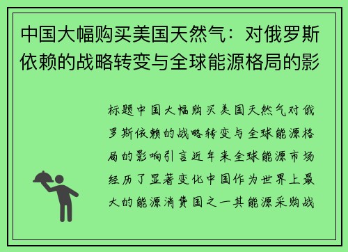 中国大幅购买美国天然气：对俄罗斯依赖的战略转变与全球能源格局的影响