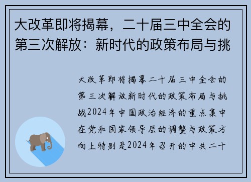 大改革即将揭幕，二十届三中全会的第三次解放：新时代的政策布局与挑战