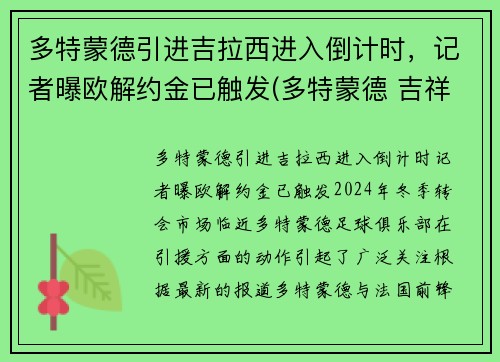 多特蒙德引进吉拉西进入倒计时，记者曝欧解约金已触发(多特蒙德 吉祥物)