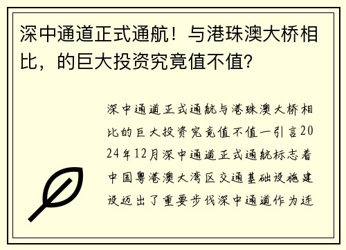 深中通道正式通航！与港珠澳大桥相比，的巨大投资究竟值不值？