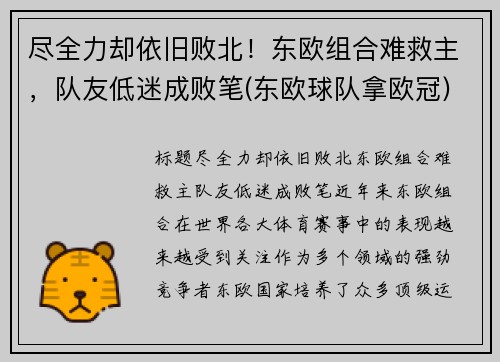 尽全力却依旧败北！东欧组合难救主，队友低迷成败笔(东欧球队拿欧冠)